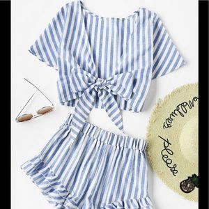 Shein plunging bow tie top and ruffle shorts set